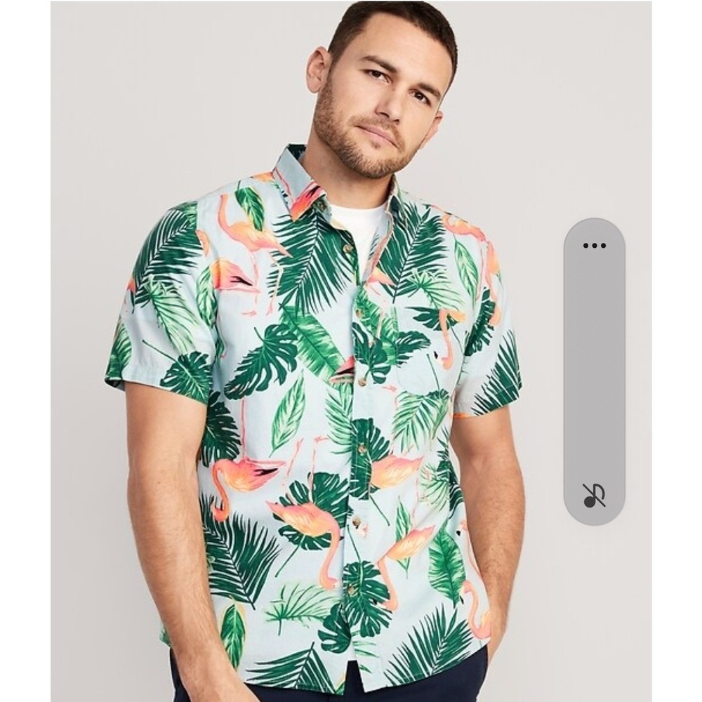 Old Navy Mens XXL Everyday‎ Shirt Tropical Flamingo Palm Leaf Print Cotton Blue